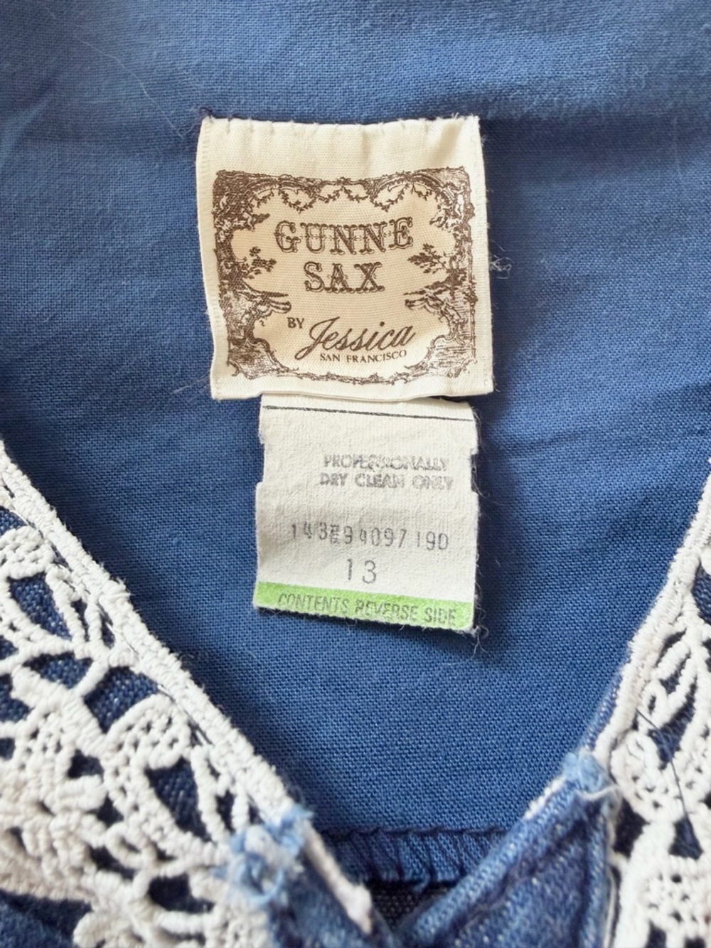 Vintage GUNNE SAX Dark Denim Sundress Dress Midi Size 13 Full Skirt Prairie Blue - Picture 7 of 8